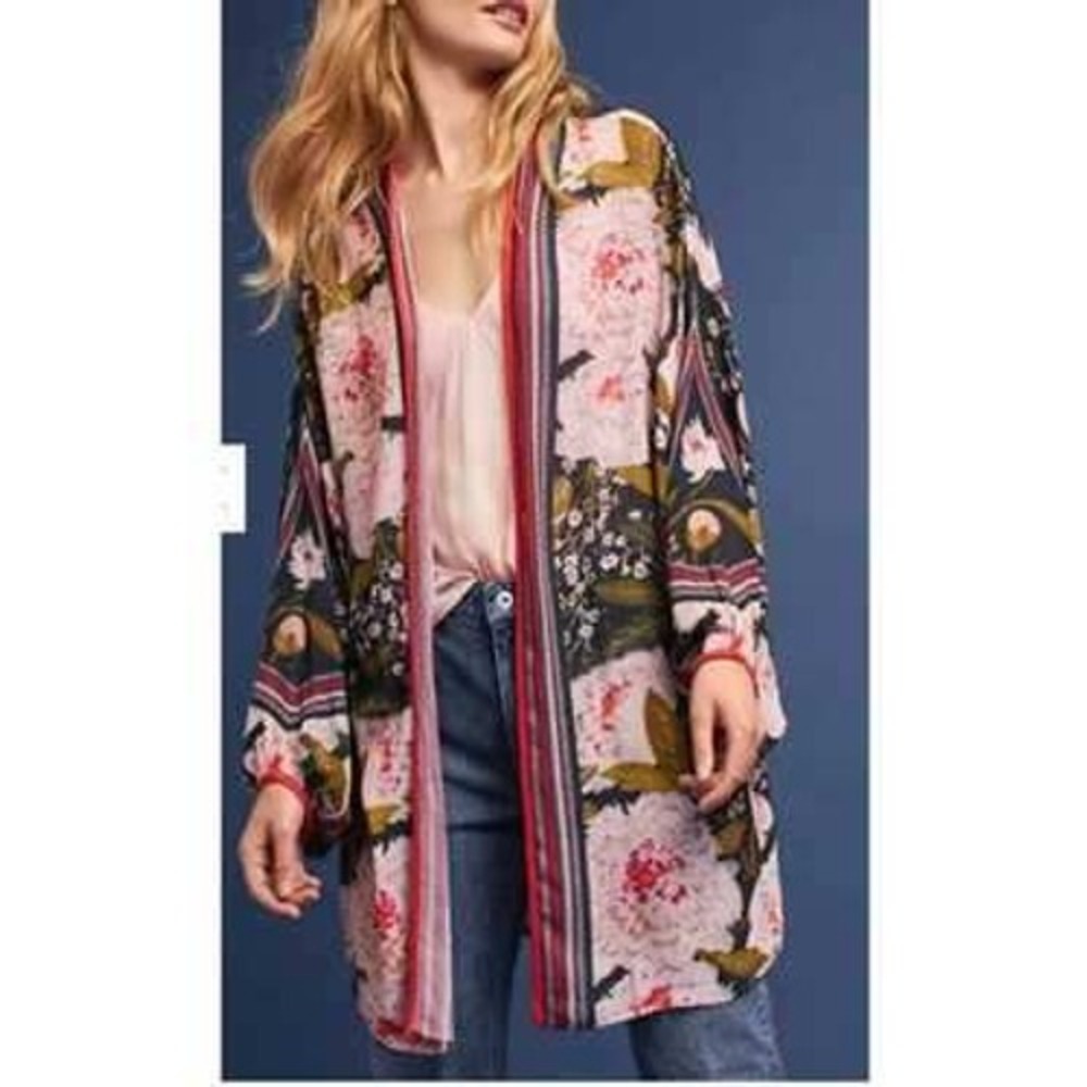 Anthropologie Kimono Women One Size Pink Floral Peony Boho Open Front Cardigan